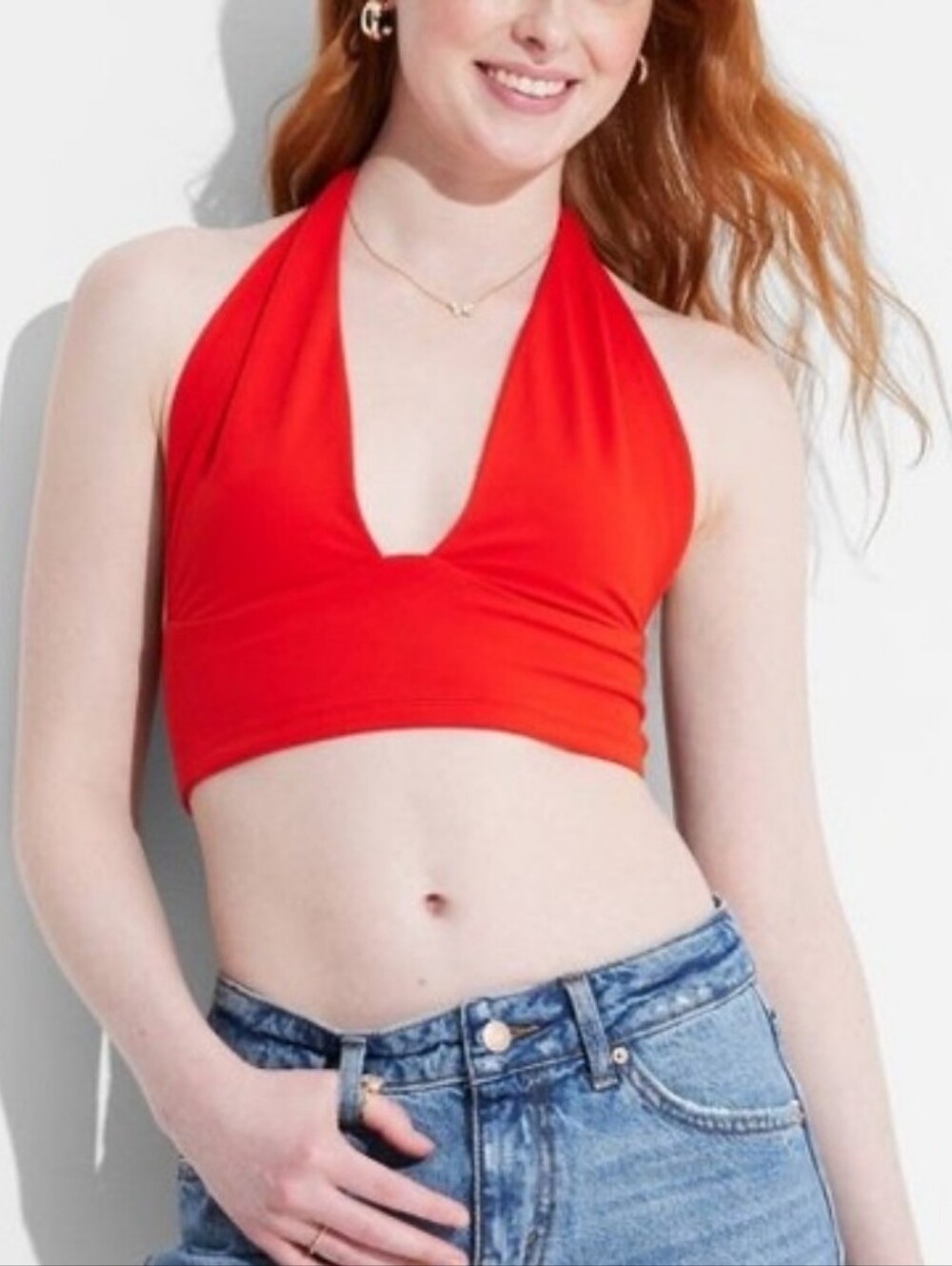 Wild Fable Butter Bliss Plunge Halter Crop Top in Bright Red Size S